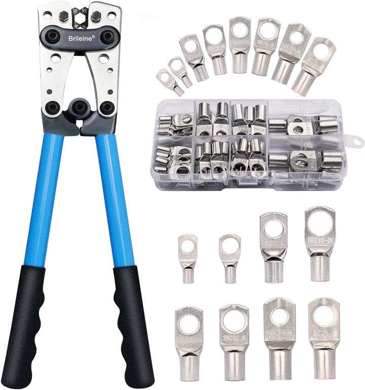 Brileine Batteriekabelschuh Crimpzange Gross 10–1/0 AWG mit 8 Grössen 60 Stück Kupferringklemmen – C
