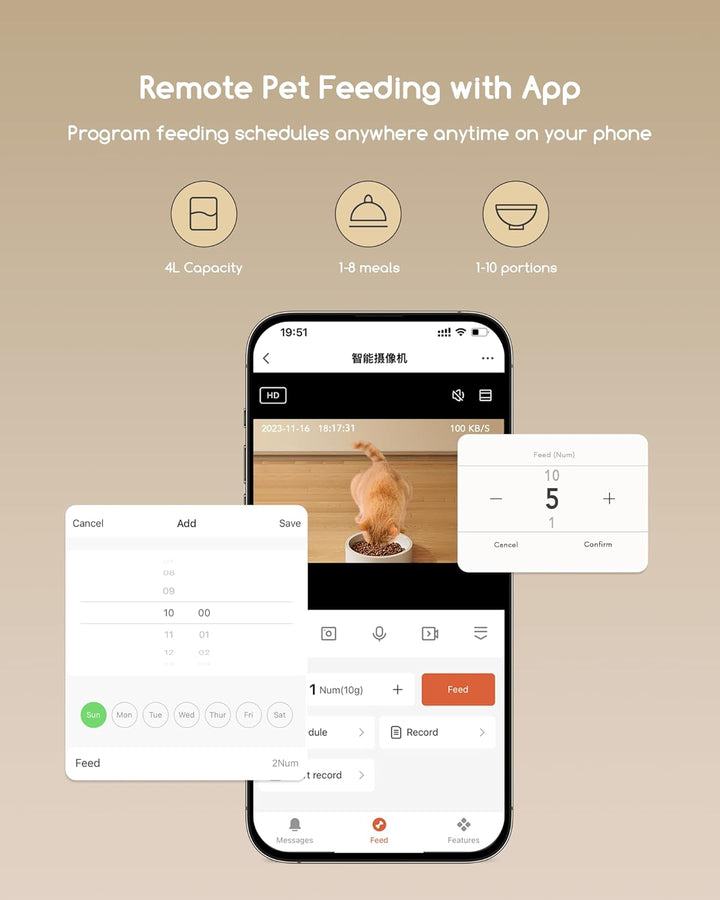 Faroro Futterautomat Katze WiFi, 3MP HD Video Katzenfutter Automat mit Nachtsicht, 4L Futterspender