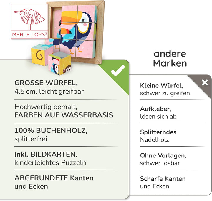 Merle Toys® 6-in-1 Würfelpuzzle ab 2 Jahre aus 100% Öko-Buchenholz, Würfelpuzzle ab 3 Jahre, Bilderw