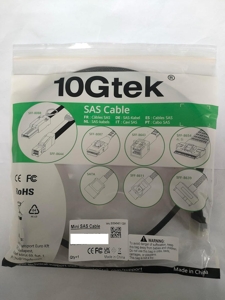 10Gtek® Internal Mini SAS HD SFF-8643 zu SFF-8643 Kabel, 12G, 100-Ohm, Straight zu Right Angle, 1-Me