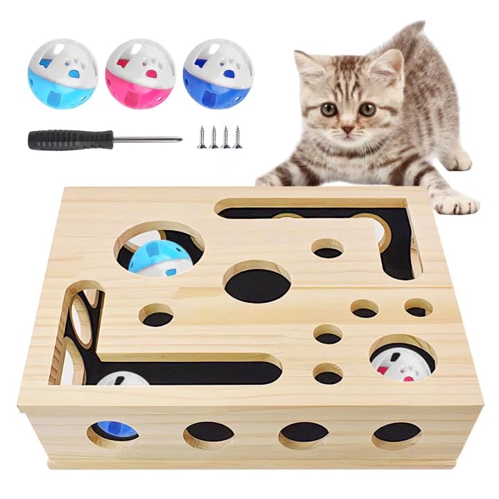 Kratzpuzzle Spielbox Holz: 30 x 25 cm Beschäftigungsbox Krallenfeile Katzen mit mattierten Aufkleber