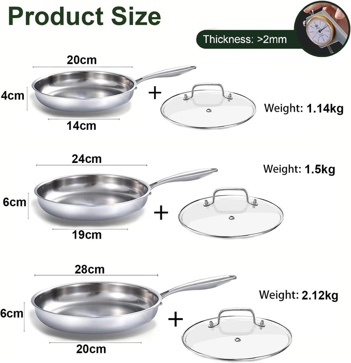 Edelstahlpfanne 20/24/28 cm mit 3 Deckeln | Durchgehend 3-lagige Bratpfanne, Induktionsgeeignet, Bac