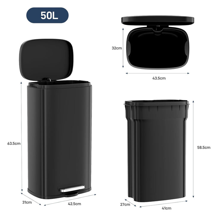 Clevich Mülleimer 50L aus Stahl, Abfalleimer, Tretmülleimer mit Soft-Close Deckel, Fusspeda, abnehmb