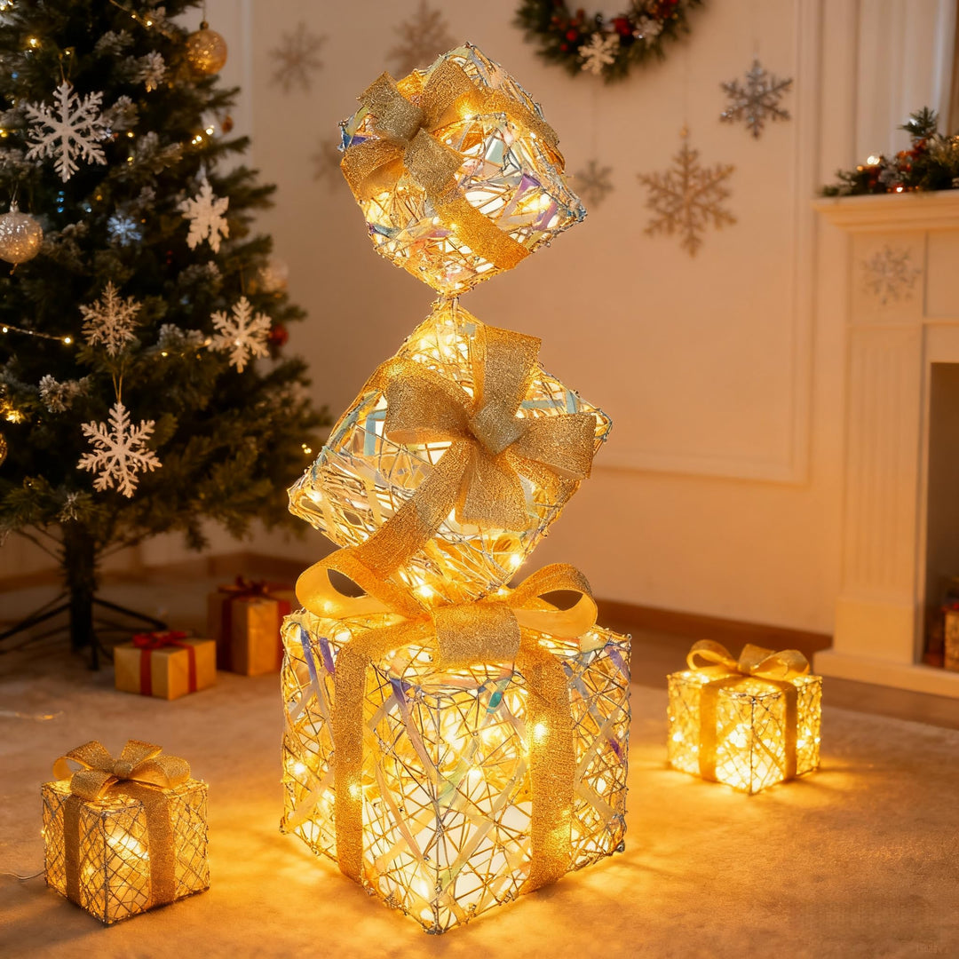 CCLIFE LED Geschenkbox 3er, Netzstecker Weihnachten Weihnachtenbox Beleuchtete Lichterkette Weihnach