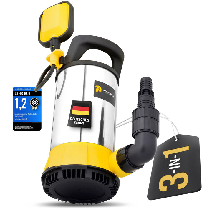 WARRIOR® 3in1 Schmutzwasserpumpe flachsaugend [TESTSIEGER] SentinelFlat Pro 1100W mit SnapLock-Syste