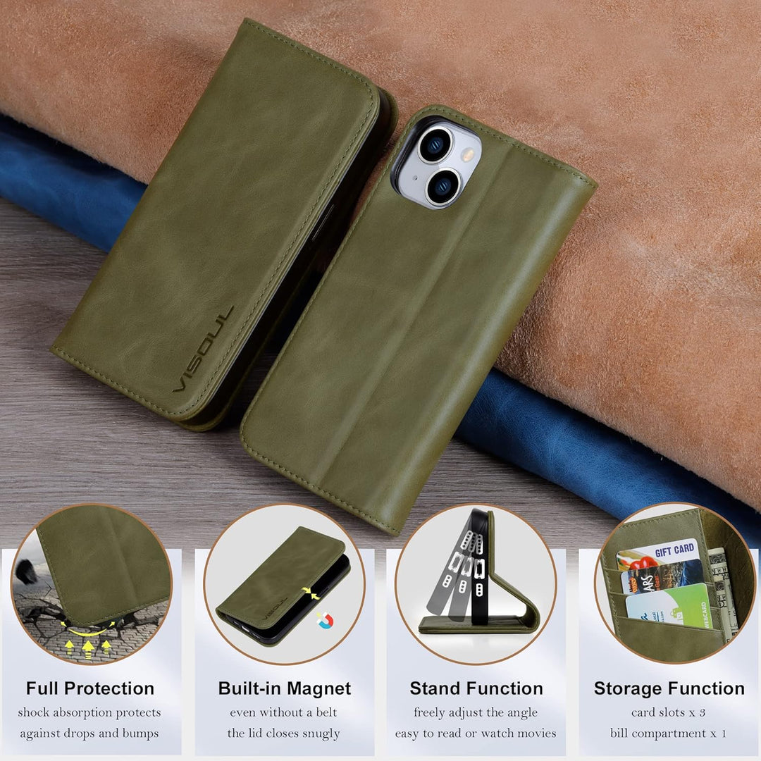 VISOUL Hülle für iPhone 15, Schutzhülle [Echt Leder] [Schützt vor Stoss] [Kartenfach] [Magnetverschl
