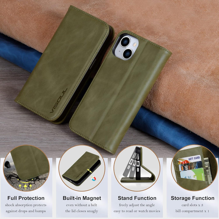 VISOUL Hülle für iPhone 15, Schutzhülle [Echt Leder] [Schützt vor Stoss] [Kartenfach] [Magnetverschl