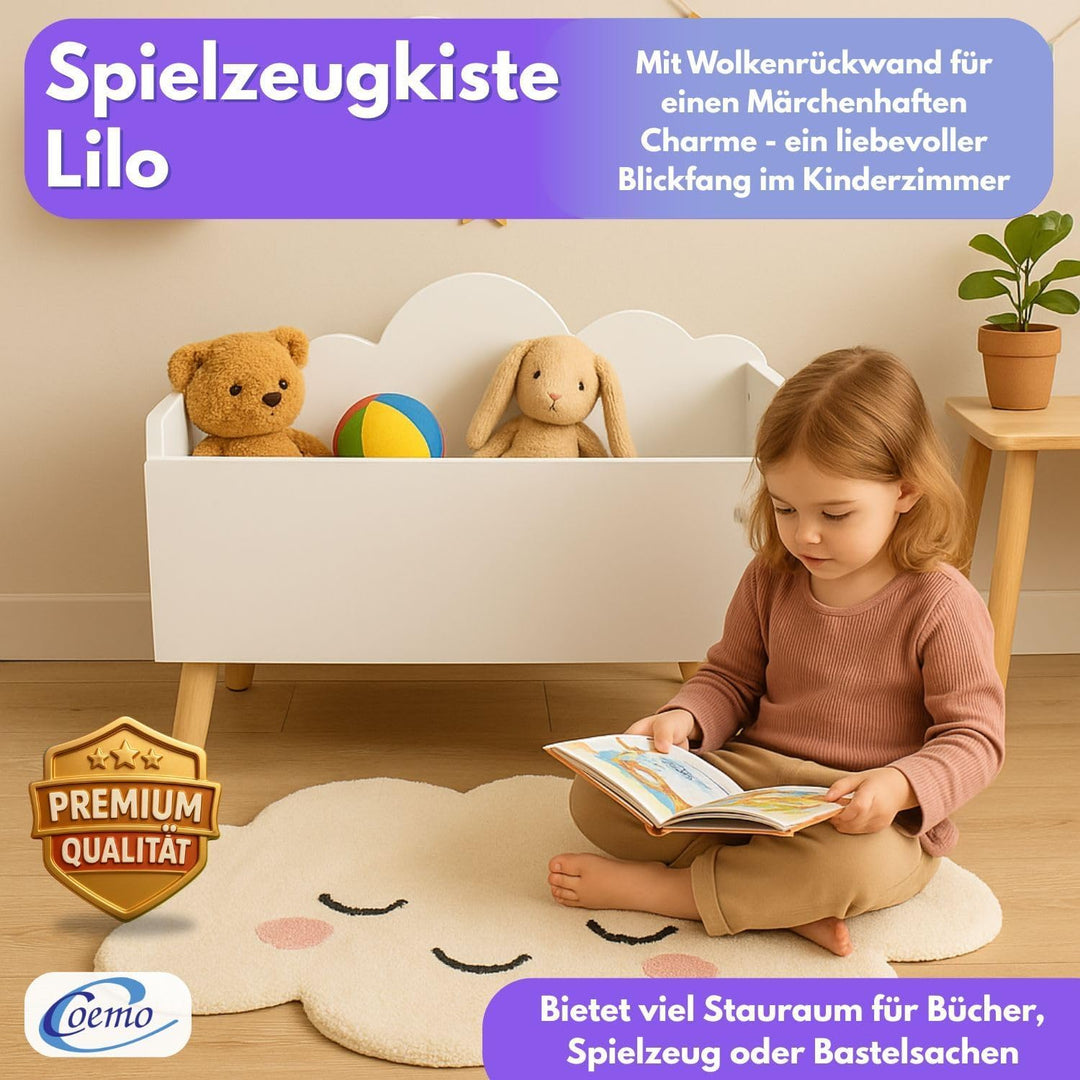 Spielzeugkiste Weiss Kinderzimmer LILO 28x58x44 cm – Aufbewahrungskiste mit Wolkenoptik, robuste MDF