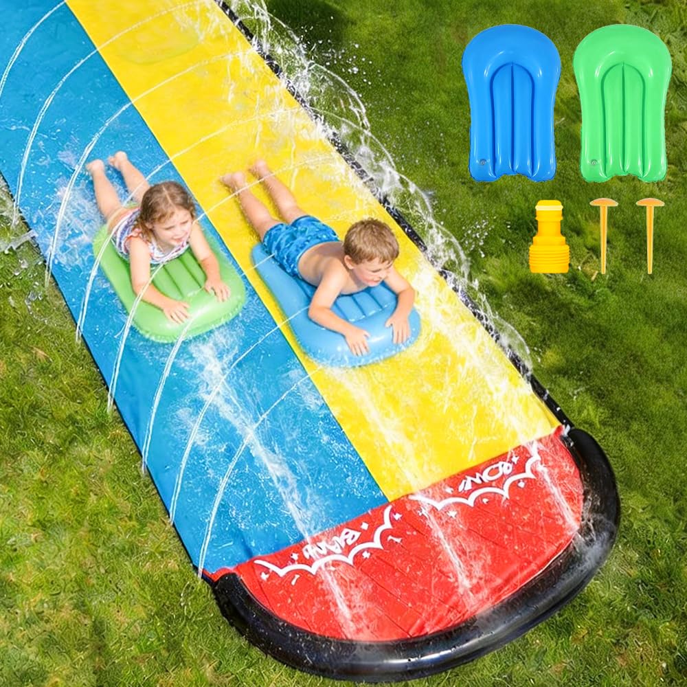 Wasserrutsche Garten für Kinder, 15.7ft/480cm Wasserrutschbahn mit 2 Bodyboards, Doppelte Rutschbahn