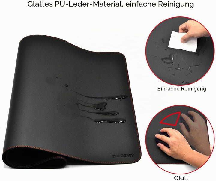 ZORESYN XL Schreibtischunterlage aus PU-Leder – rutschfeste Büro- & Gaming-Mauspad (90x40 cm) – Schw