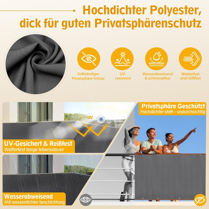 Sunula Balkon Sichtschutz Blickdicht 90x600cm, PES Balkonverkleidung Windschutz Ohne Bohren, Balkons