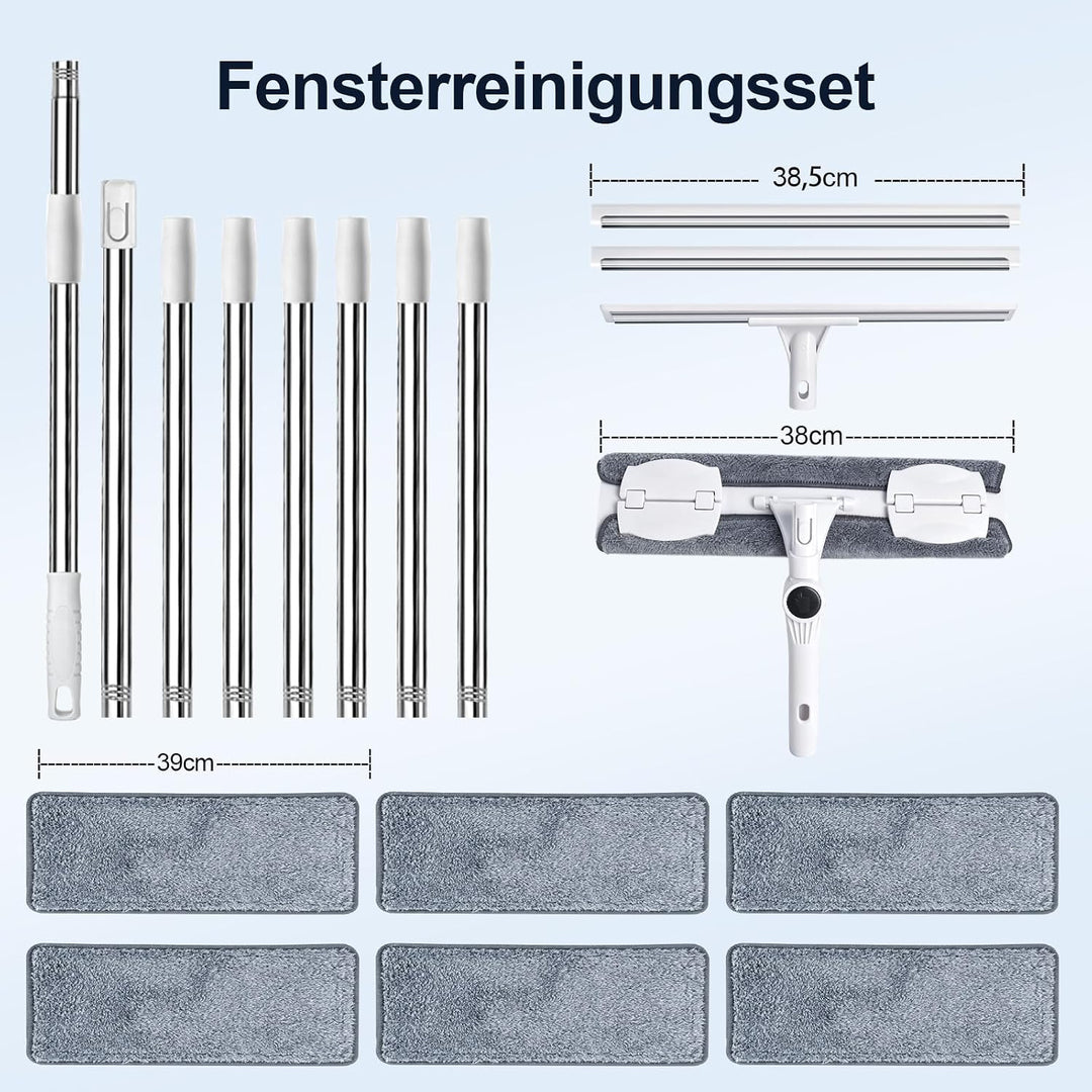 4m Teleskop Fensterputzer Set mit 2 Fensterabzieher für hohe Fenster | 2 in 1 Teleskopstange Fenster