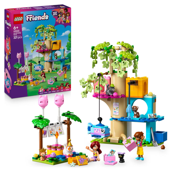 LEGO Friends Katzengeburtstagsparty & Baumhaus - Spielzeug mit 2 Minifiguren & 5 Tierfiguren -drehba