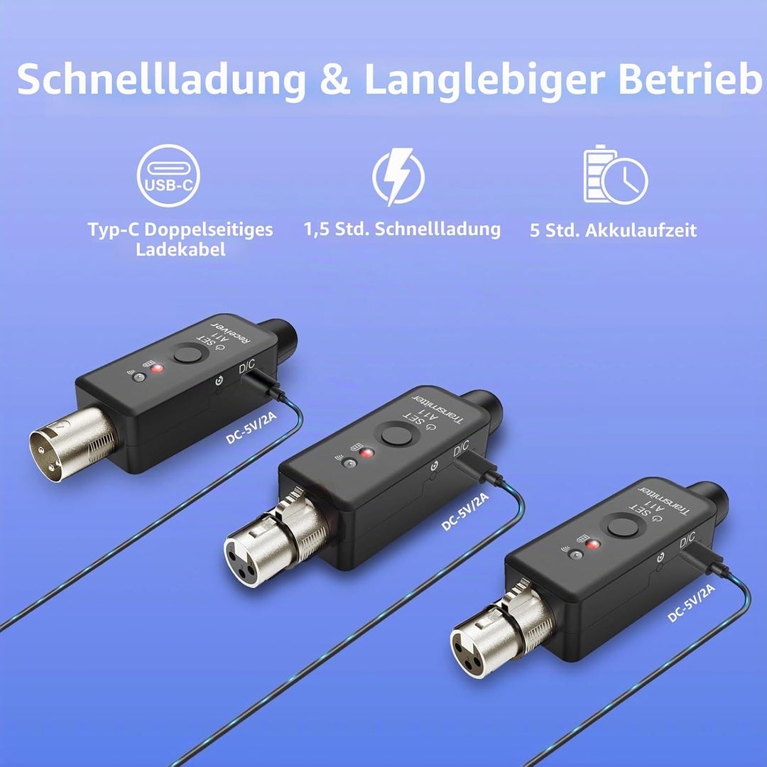 A11-2 2,4GHz Drahtloses Mikrofon-System – Transmitter & Receiver mit 4 Kanälen, Plug-on XLR-Adapter,