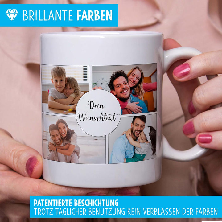 OWLBOOK® Personalisierte Tasse mit 8 Fotos & Spruch selbst gestalten | Fototasse mit eigenem Bild &