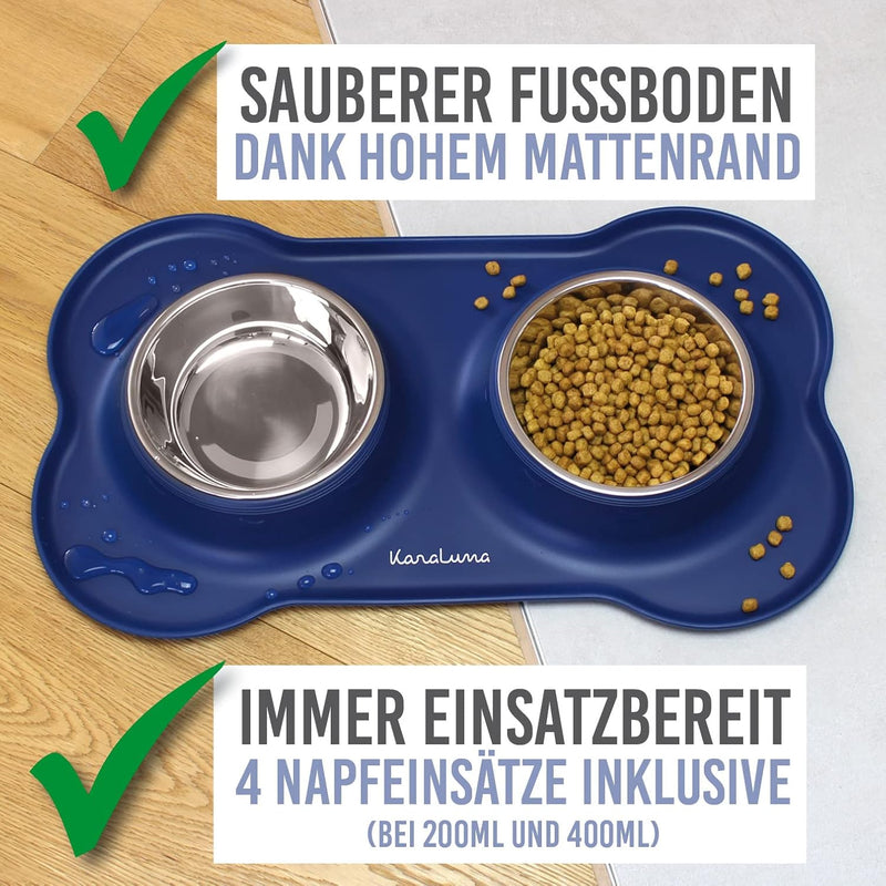 KaraLuna Napfunterlage aus Silikon mit Edelstahl Futternapf I Für Katzen & Hunde (400ml, Blau) Blau