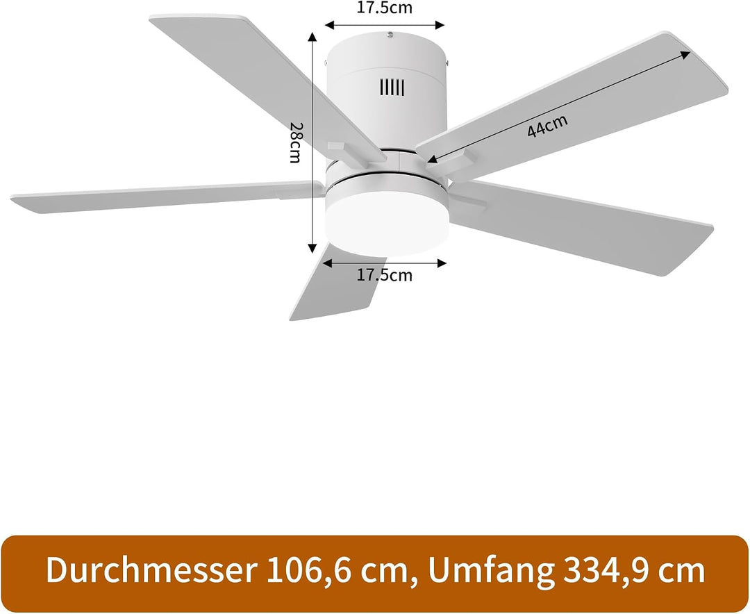 Deckenventilator mit Beleuchtung 106.6 cm, 5 Massivholzflügel (Weiss) | Ultraflaches Design 28 cm, 6