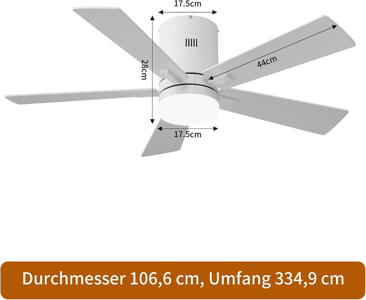 Deckenventilator mit Beleuchtung 106.6 cm, 5 Massivholzflügel (Weiss) | Ultraflaches Design 28 cm, 6