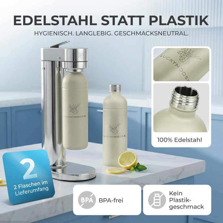 Luckymoose Infinity-S Wassersprudler aus hochwertigem Edelstahl (Silver/Sand) – inkl. 2x 1,25L Edels