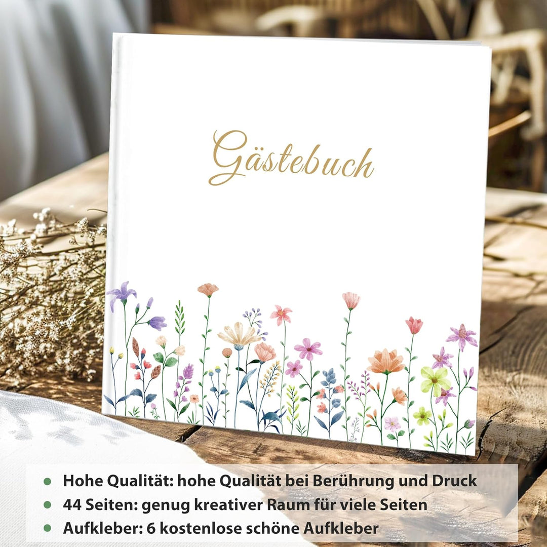 Gästebuch Blanko mit 40 Schöne Aufkleber und 44 Doppelseiten Premium Dickem Papier, Grösse 21x21cm G