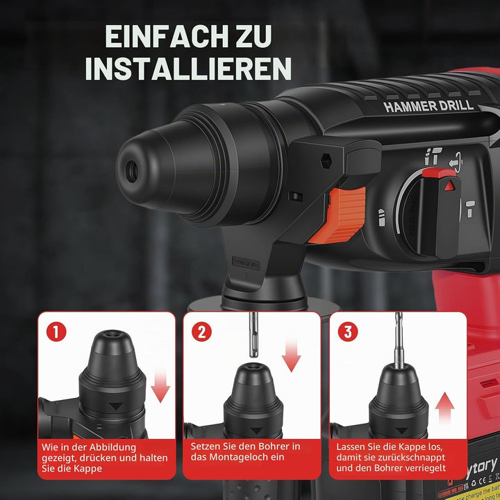 21V Akku Bohrhammer Set mit 2 Batteries & Ladegerät, 0-1000 U/min, 26mm Bohrkapazität, Kabelloser Mu