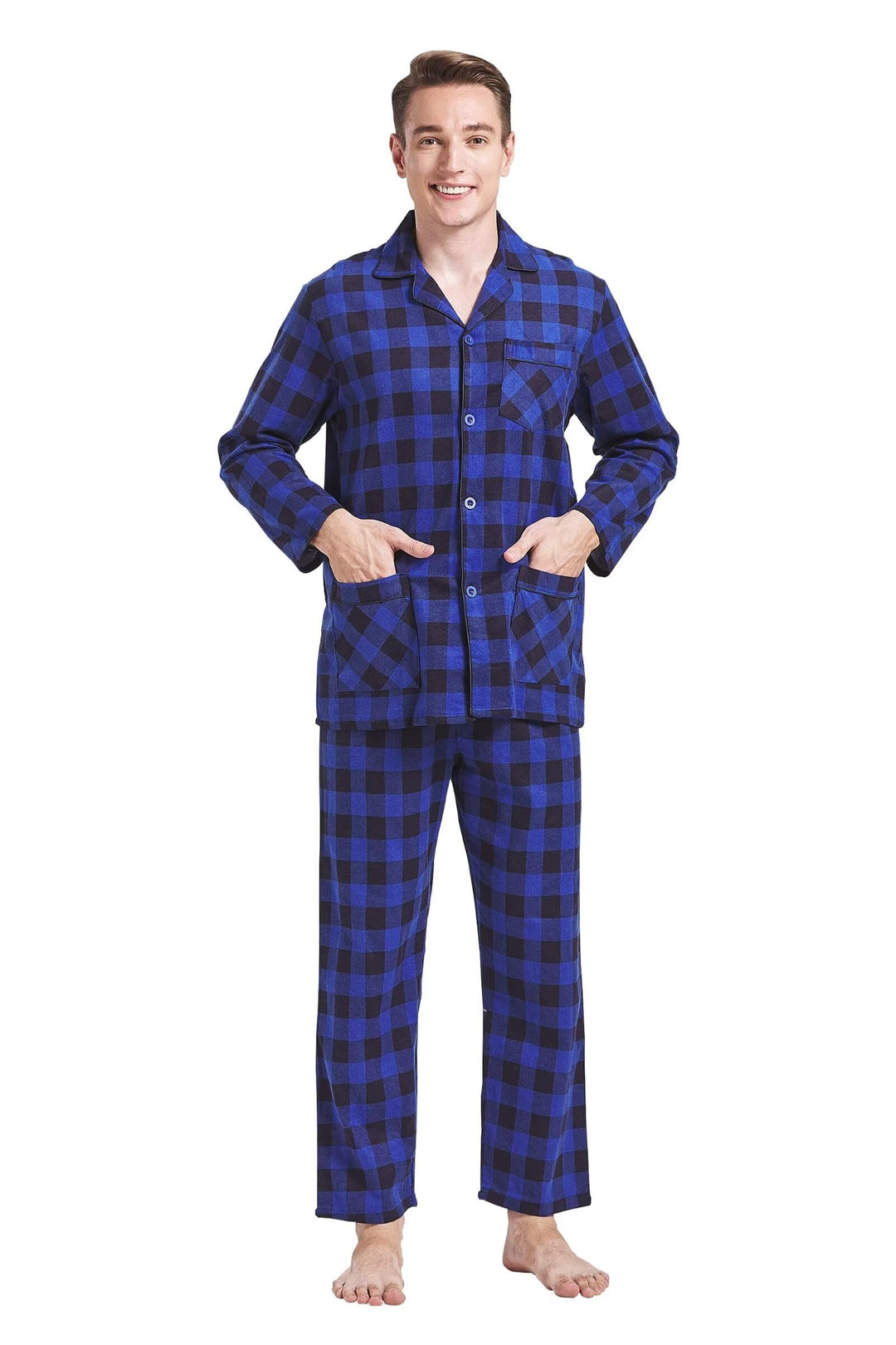 Amaxer Flanell Schlafanzug Herren 100% Baumwolle Pyjama mit Knopfleiste Set Lang Warmer Winter Schla