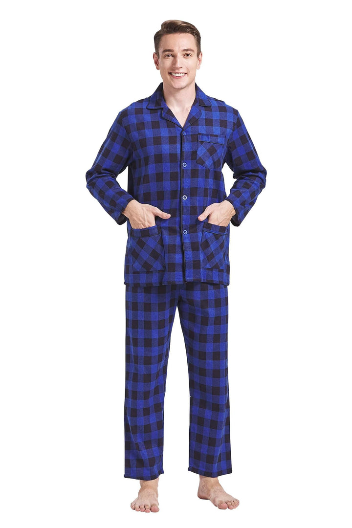 Amaxer Flanell Schlafanzug Herren 100% Baumwolle Pyjama mit Knopfleiste Set Lang Warmer Winter Schla
