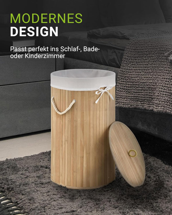 Juskys Bambus Wäschekorb Curly-Round Natur 55L - Hygienischer & Faltbarer Wäschekorb mit Deckel, Tra