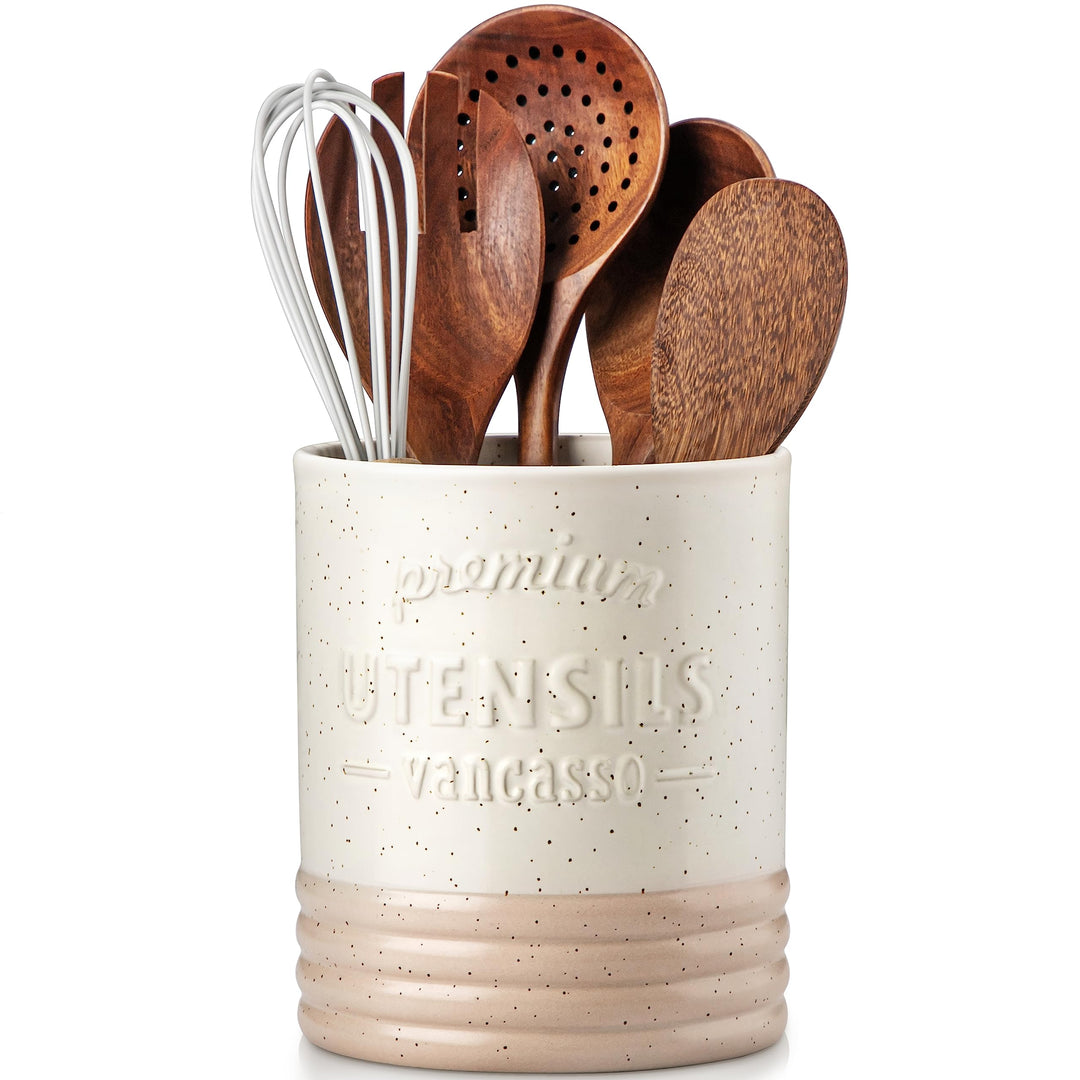 vancasso Sabine Utensilienhalter für Küchentheke, 15,7 cm, kleiner Keramik-Utensilienbehälter, creme