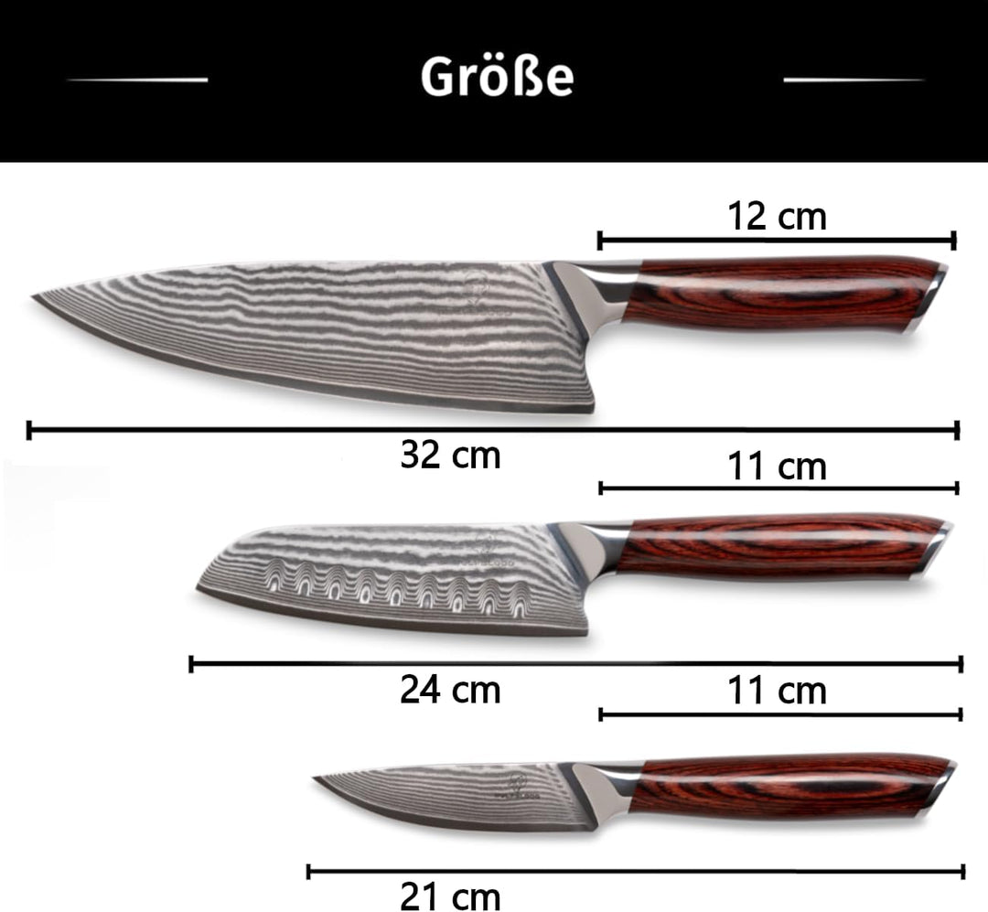 Wolfblood 3er Damastmesser Set (32, 30 und 20cm) TÜV geprüfter 62 HRC Damaststahl aus 67 Lagen I Dam