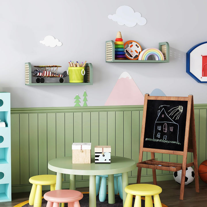 2er Set Rattanregal – Boho Wandregal &amp; Boho Deko in Grün, Hängeregal für Kinderzimmer, Wohnzimmer &amp;