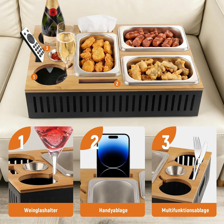 Couchbar Snackbox, Sofa Tablett mit 3 Edelstahl-Schalen 550 ml und Dip-Schale 30 ml, 2-in-1 abnehmba