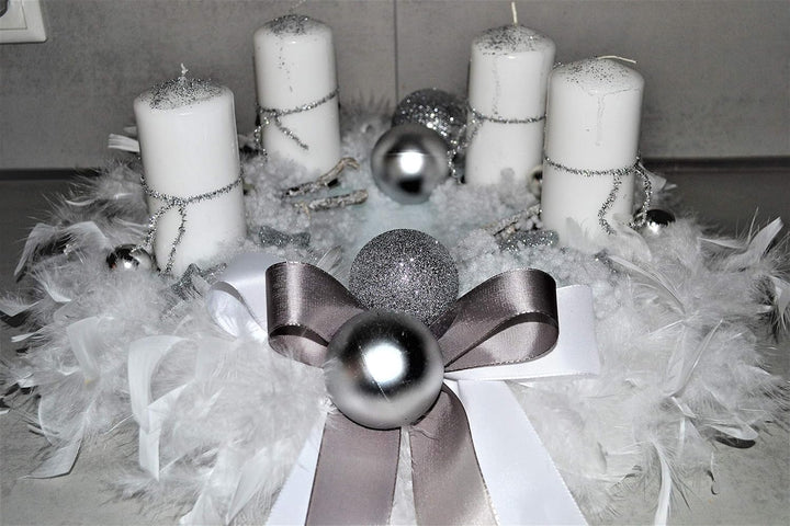 Adventskranz weiss Silber 40 cm künstlich Weihnachten Adventsgesteck Deko Federn