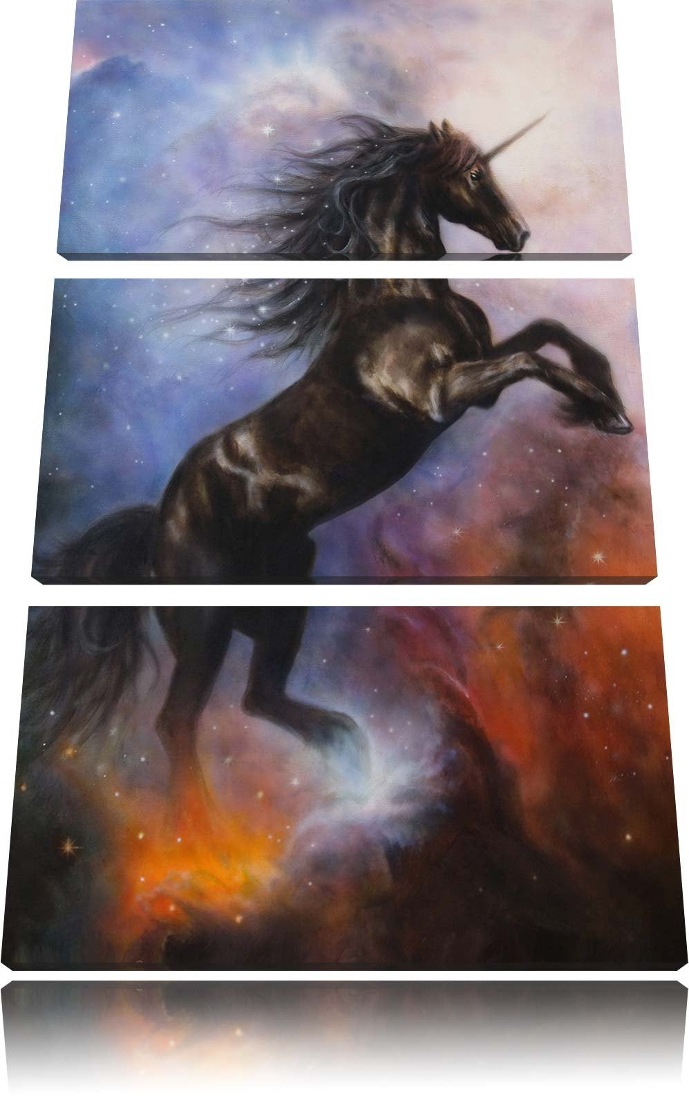 Pixxprint Traumhaftes schwarzes Einhorn / 3-Teilig/Gesamtmass 120cm Leinwandbild bespannt auf Holzra