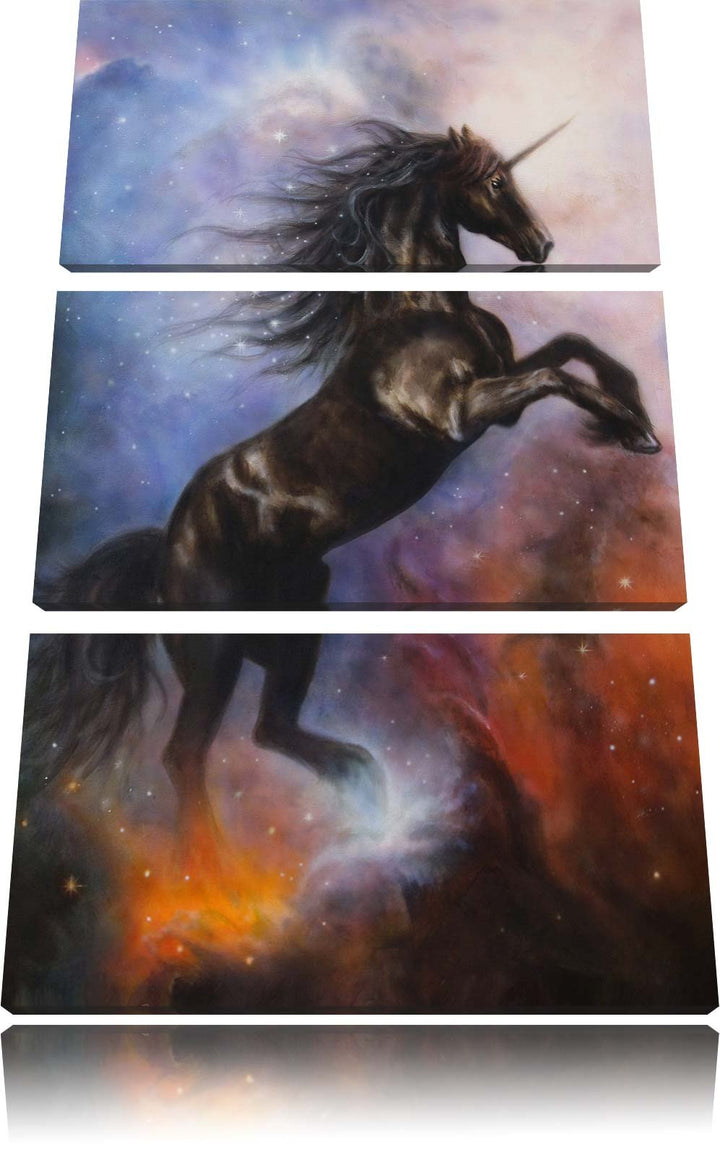 Pixxprint Traumhaftes schwarzes Einhorn / 3-Teilig/Gesamtmass 120cm Leinwandbild bespannt auf Holzra