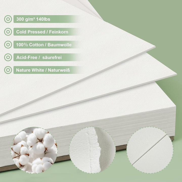 ESENG® Premium Aquarellpapier DIN A3, 100% Baumwolle - 30x Blätte - 300GSM - Weiss, Aquarellblock, M