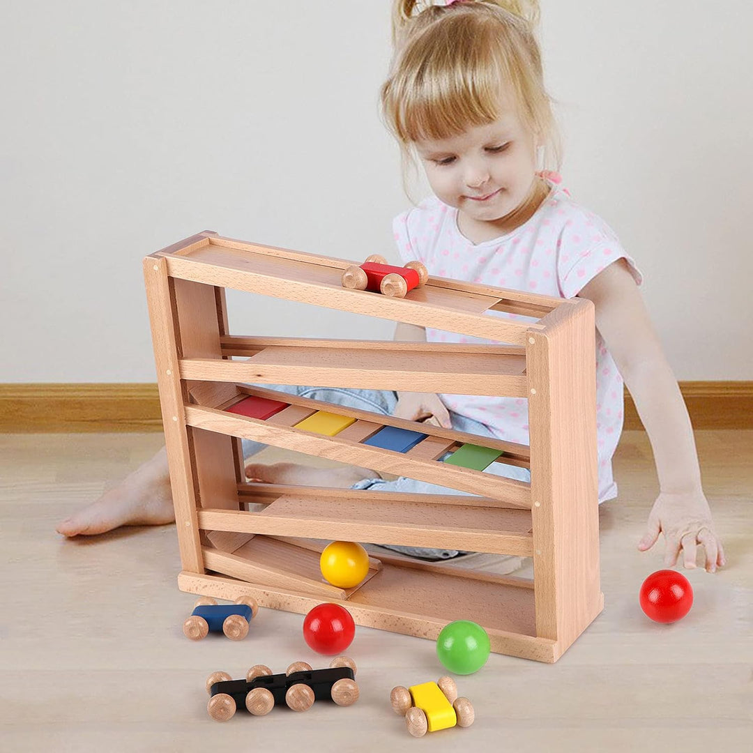 Jacootoys Holzautorampe Kugelbahn Spiel Rennstrecke 5 Schichten Racer Spielzeug Set 4 Autos 3 Bälle