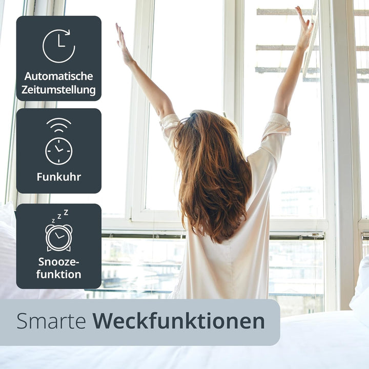 ADE Funkwecker digital mit Batterie | 2 Weckzeiten | Temperaturanzeige | Luftfeuchtigkeit | Gehäuse