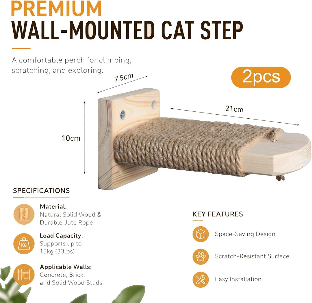 Katzentreppe Wand 2er-Pack, Katzenleiter aus Massivholz mit Juteseil, Kletterwand Katzen, Kratzfunkt