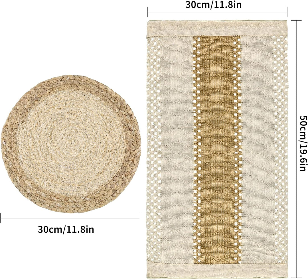 Zology Handgefertigte Boho Tischsets 4er Set - Natürliche Baumwolle Sackleinen und Wasser Stroh Gewe