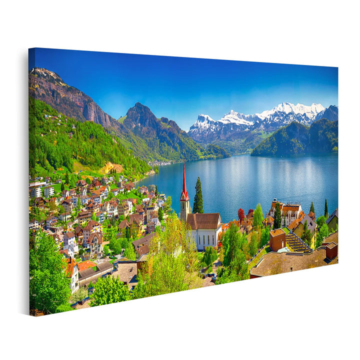 islandburner Bild auf Leinwand Dorf Weggis Vierwaldstättersee Umgeben Von Schweizer Alpen Panorama B