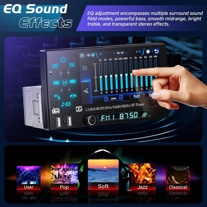 CAMECHO Autoradio 1 Din Wireless Carplay Android Auto Bluetooth Radio, 5.5 Zoll Touchscreen mit IPS