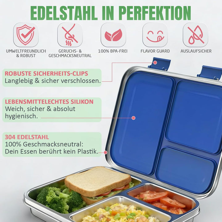 Premium Edelstahl Brotdose Kinder &amp; Erwachsene,Auslaufsichere Bento Box mit Fächern – Robuste Lunchb