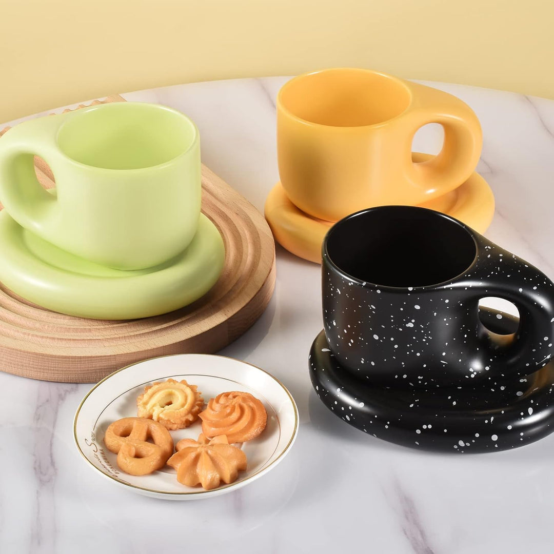 Koythin Keramik Kaffee Chubby Tasse mit Untertassen Set, Kreative und Niedliche Chubby Kaffeebecher