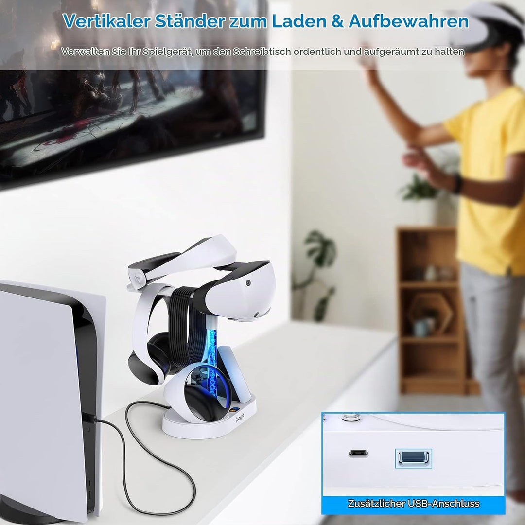 Ladestation für PS VR2 mit RGB-Licht, vertikale Ladeständer Dock Unterstützung für PSVR2 Headset Dis