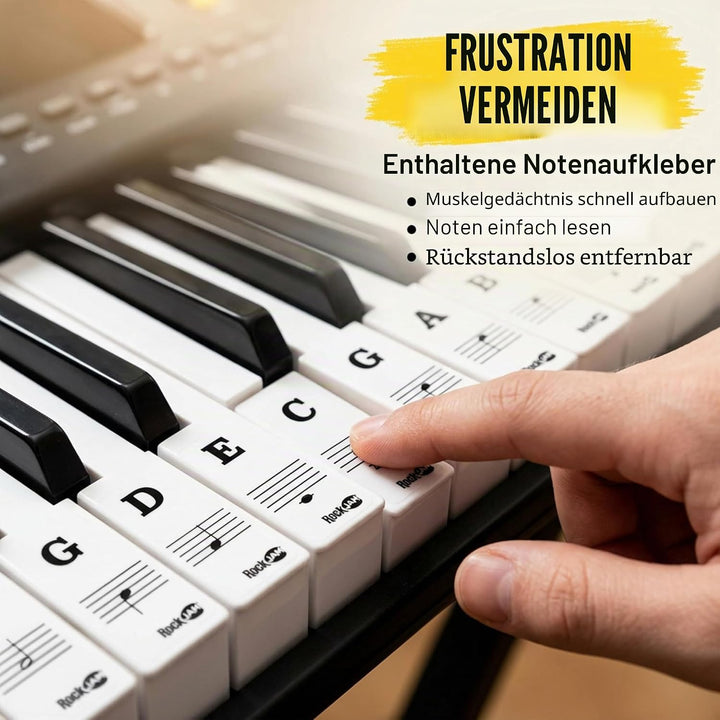 RockJam Compact 61 Key Keyboard with Sheet Music Stand, Power Supply, Piano Note Stickers & Simply P