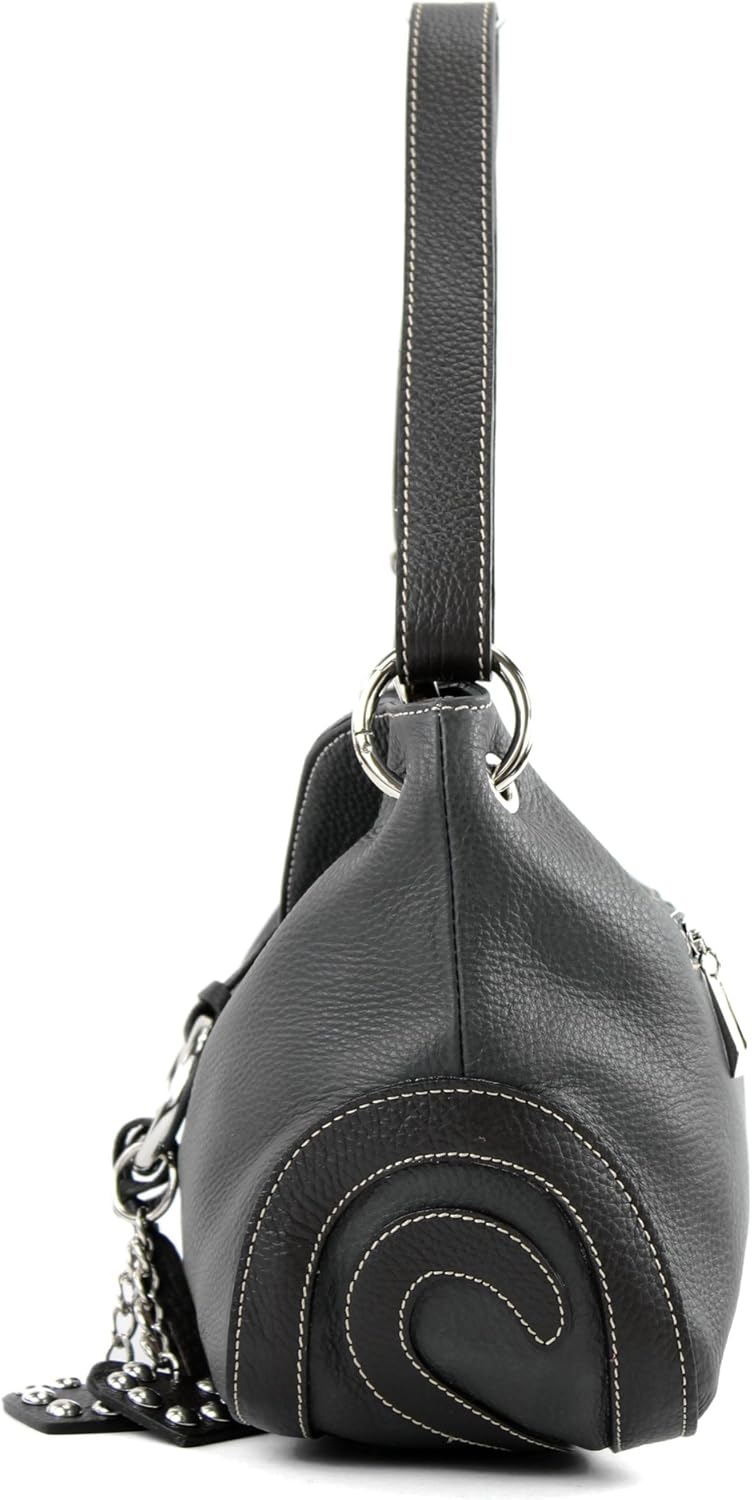 modamoda de - T10 - ital. Leder Schultertasche Umhängetasche Dunkelgrau/Dunkelbraun, Dunkelgrau/Dunk