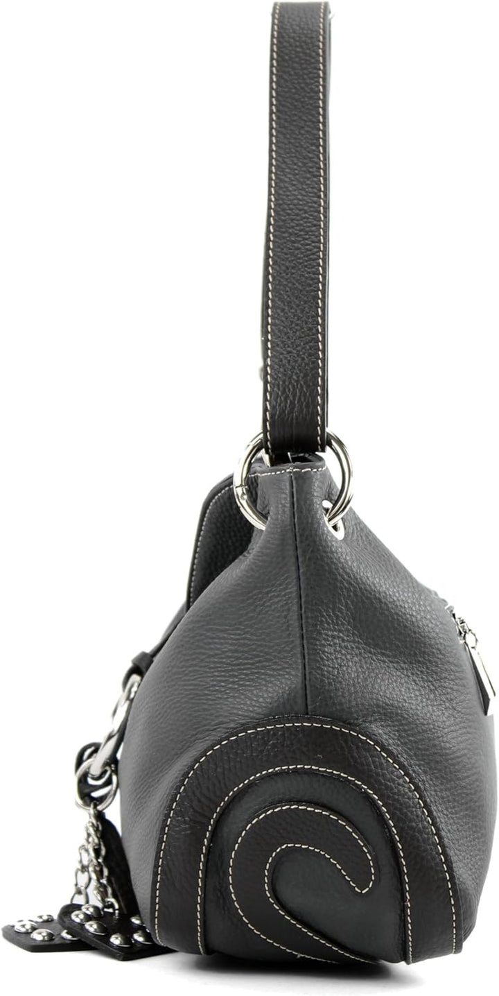 modamoda de - T10 - ital. Leder Schultertasche Umhängetasche Dunkelgrau/Dunkelbraun, Dunkelgrau/Dunk