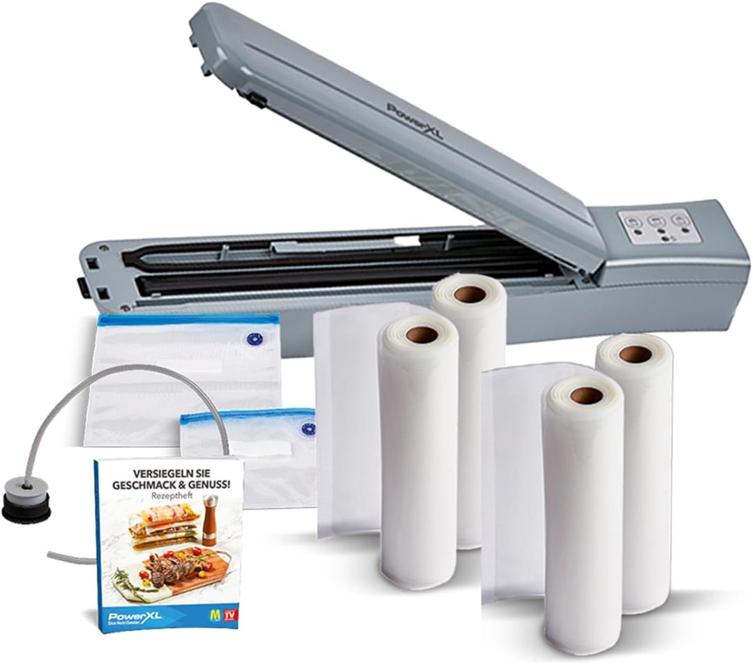 PowerXL Duo NutriSealer SET inkl. 4 Vakuumfolienrollen - 6in1 Vakuumiergerät - 3 Programme - Lebensm
