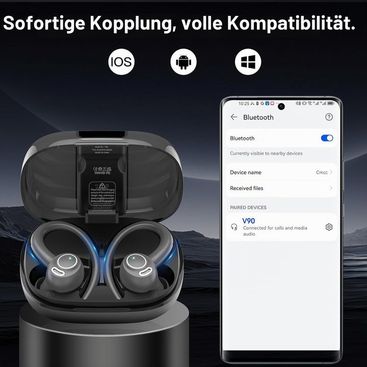 Bluetooth Kopfhörer Sport in Ear Kopfhörer Kabellos Bluetooth mit Ohrbügel Eisengrau, Eisengrau